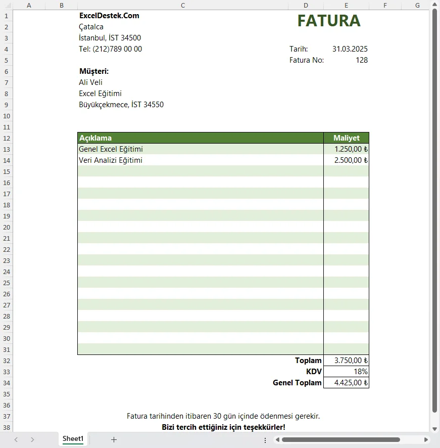 Fatura Şablonu Oluşturma