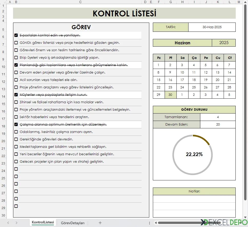 Kontrol Listesi Şablonu Oluşturma