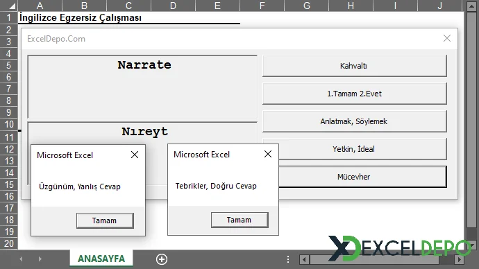 Excel ile İngilizce Kelime Egzersizi Yapma