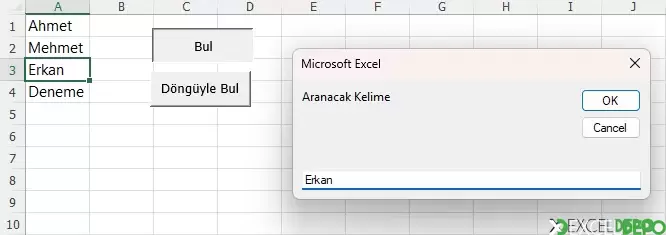 InputBox Nesnesi ile Bulma ve Renklendirme