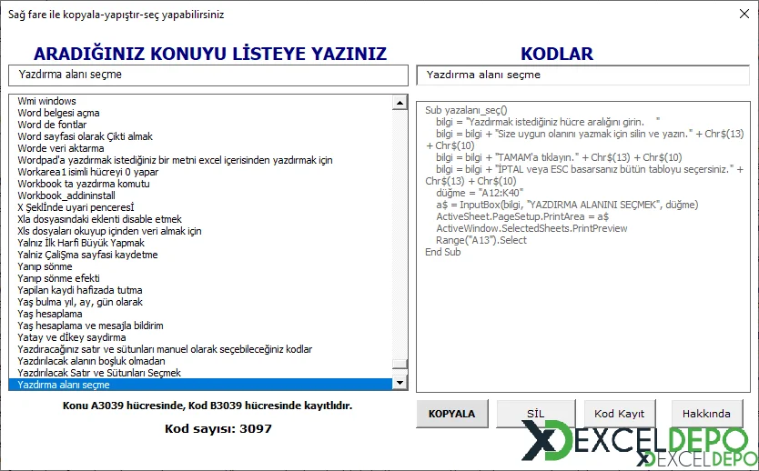 Excel Kod Arşivi