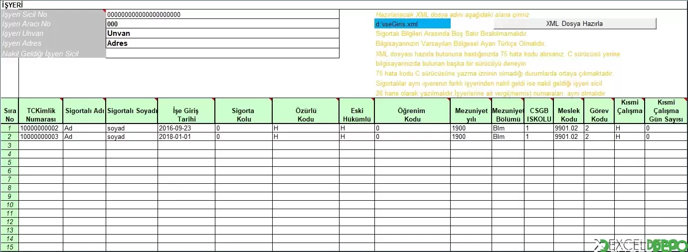 Toplu İşe Giriş Excel Dosyası