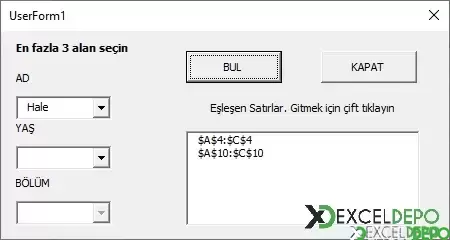UserForm Seçenek Yöntemli Arama