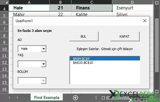 UserForm Seçenek Yöntemli Arama