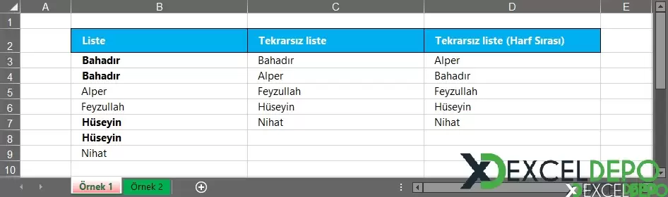Yinelenenleri Kaldırma ve Tekrarsız Listeleme